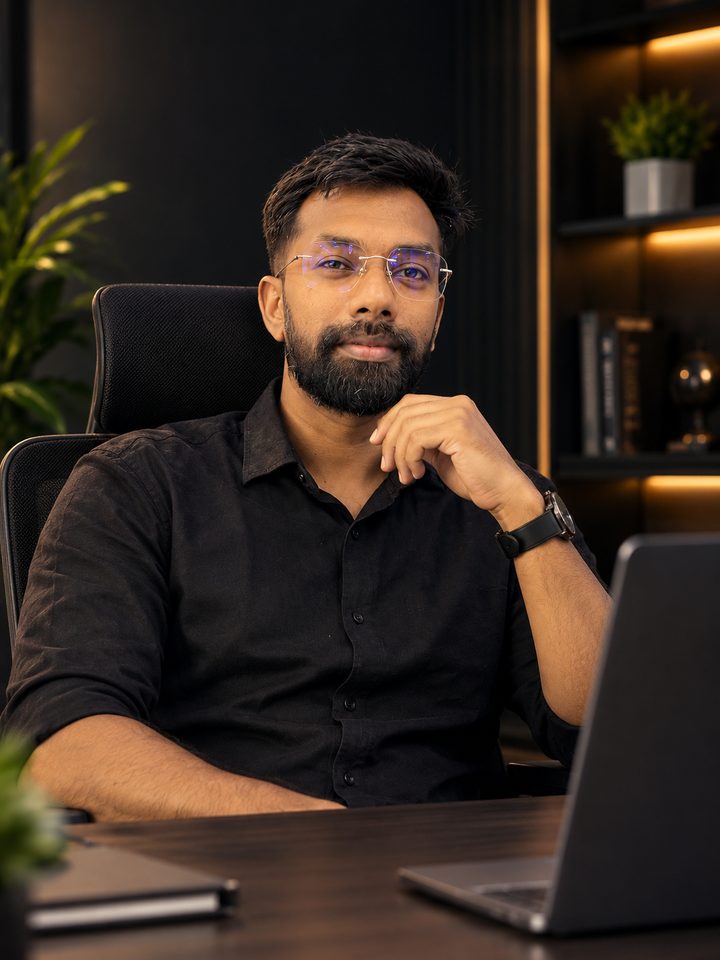 Riyas P, founder of Eyeris Opticals, seated at his desk wearing rimless glasses